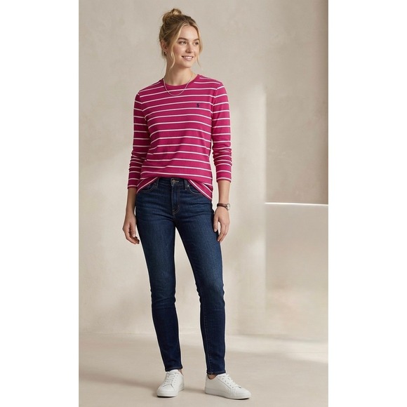 Ralph Lauren Sport Tops - Ralph Lauren Sport Womens XL Pink White Striped Long Sleeve Cotton Tee Shirt
